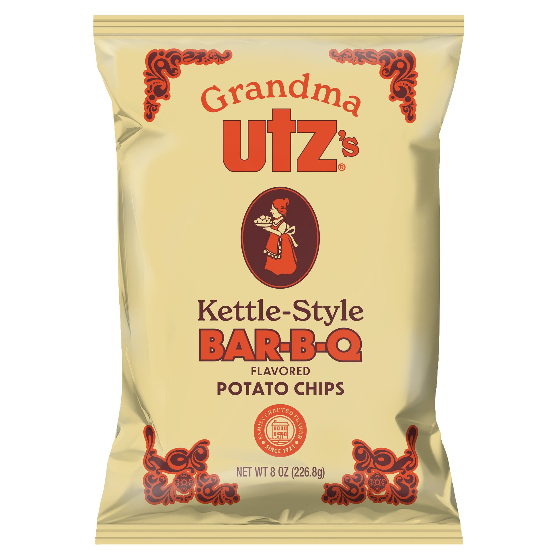 Packaging of Grandma Utz Kettle-Style Bar-B-Q flavored potato chips on a white background