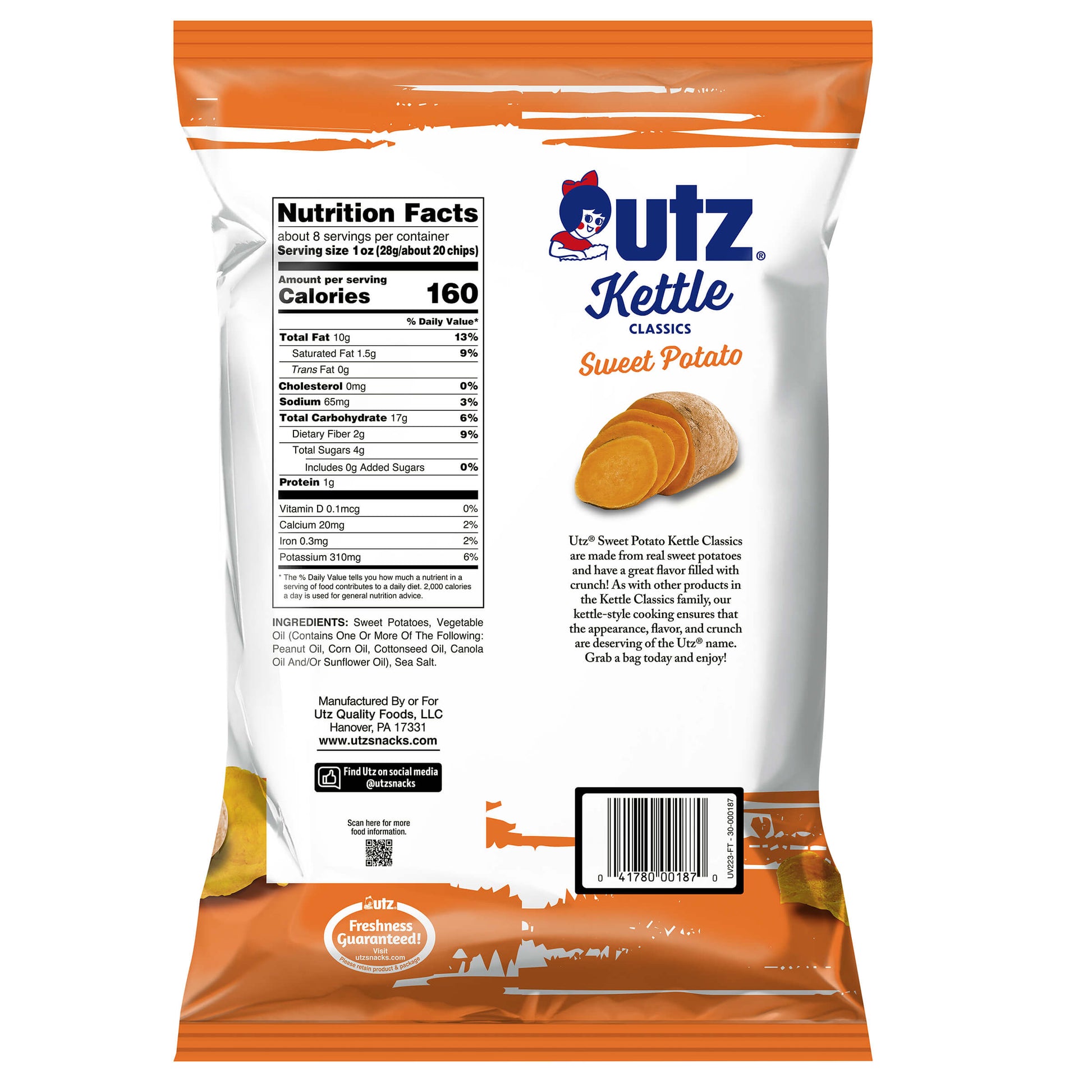 UTZ Kettle Classics Sweet Potato snack package with nutritional information and branding.