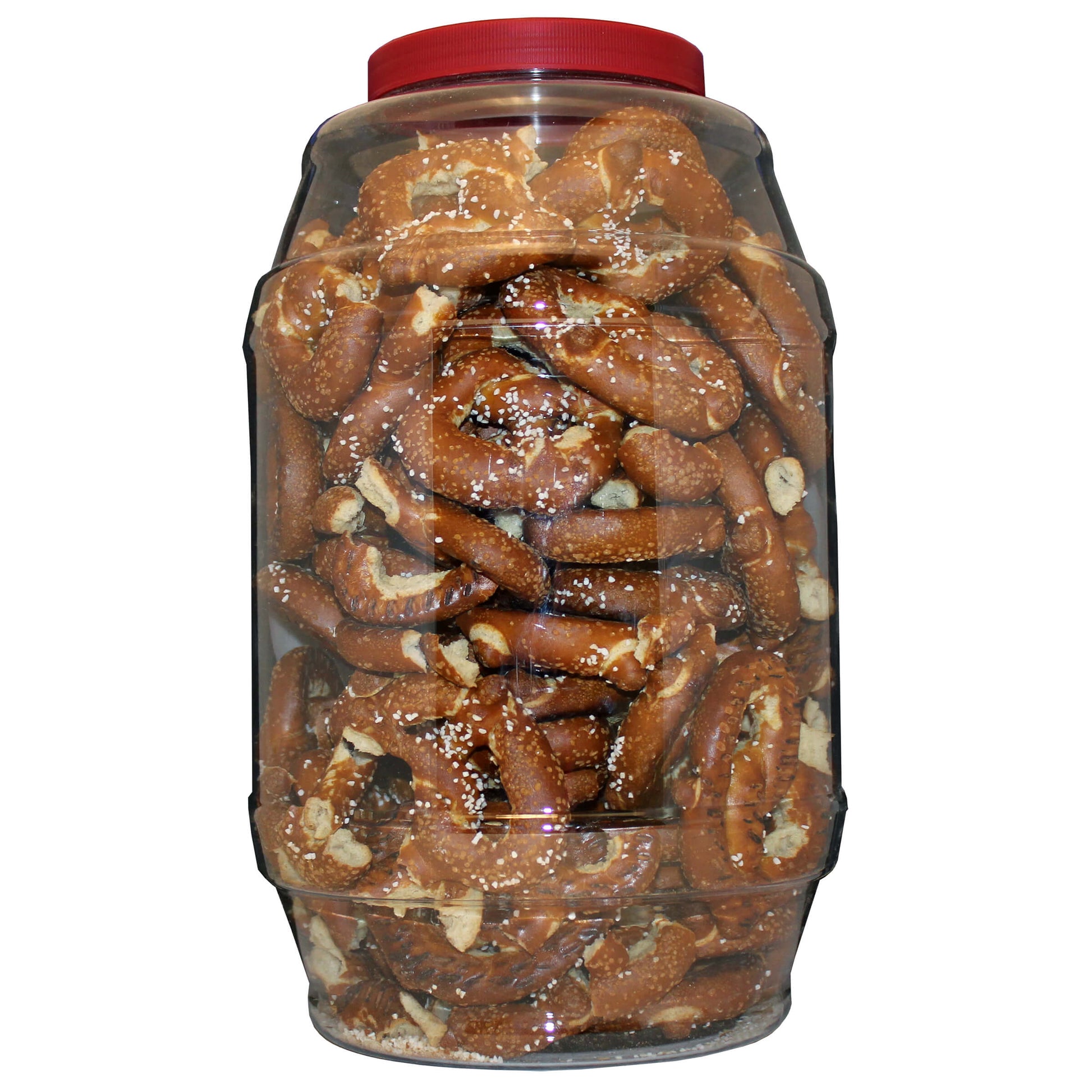 Clear container filled with pretzels and topped with a red lid on a white background
