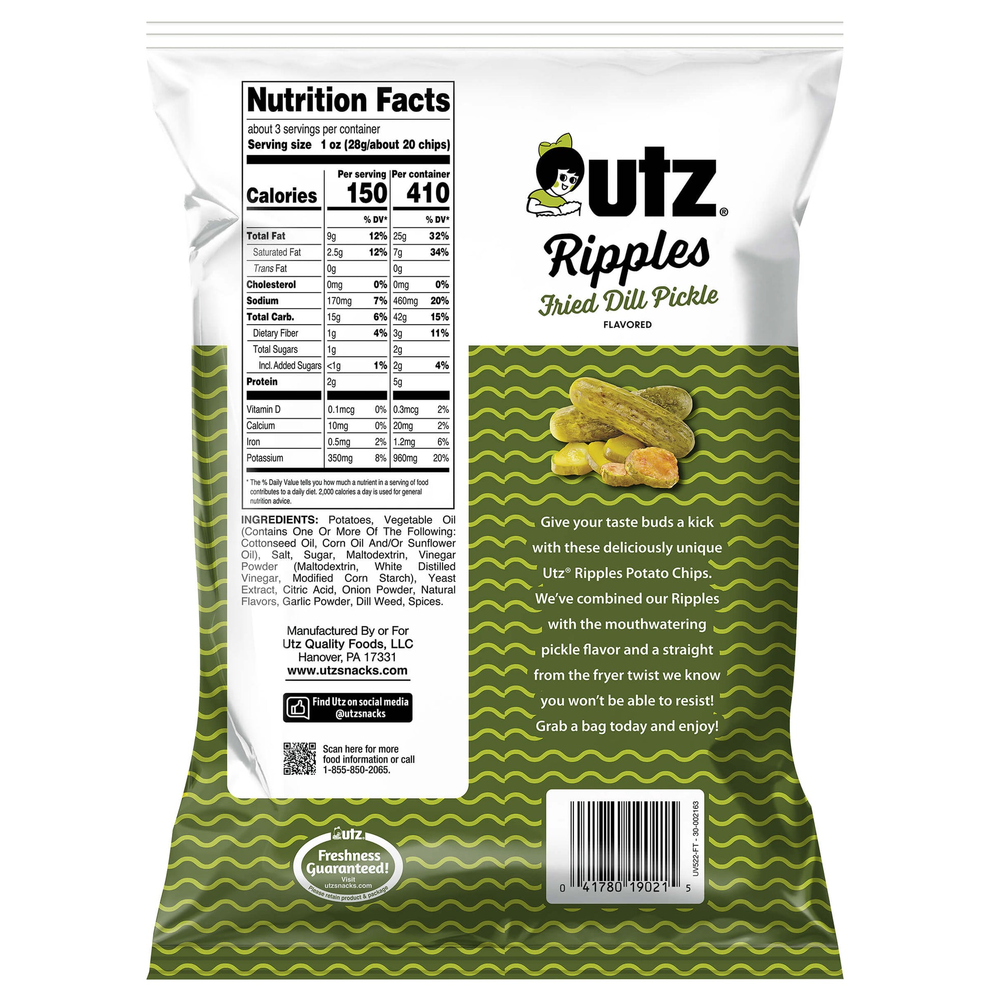 Outz Ripples Fried Dill Pickle flavored potato chips packaging with nutrition facts and ingredients list.