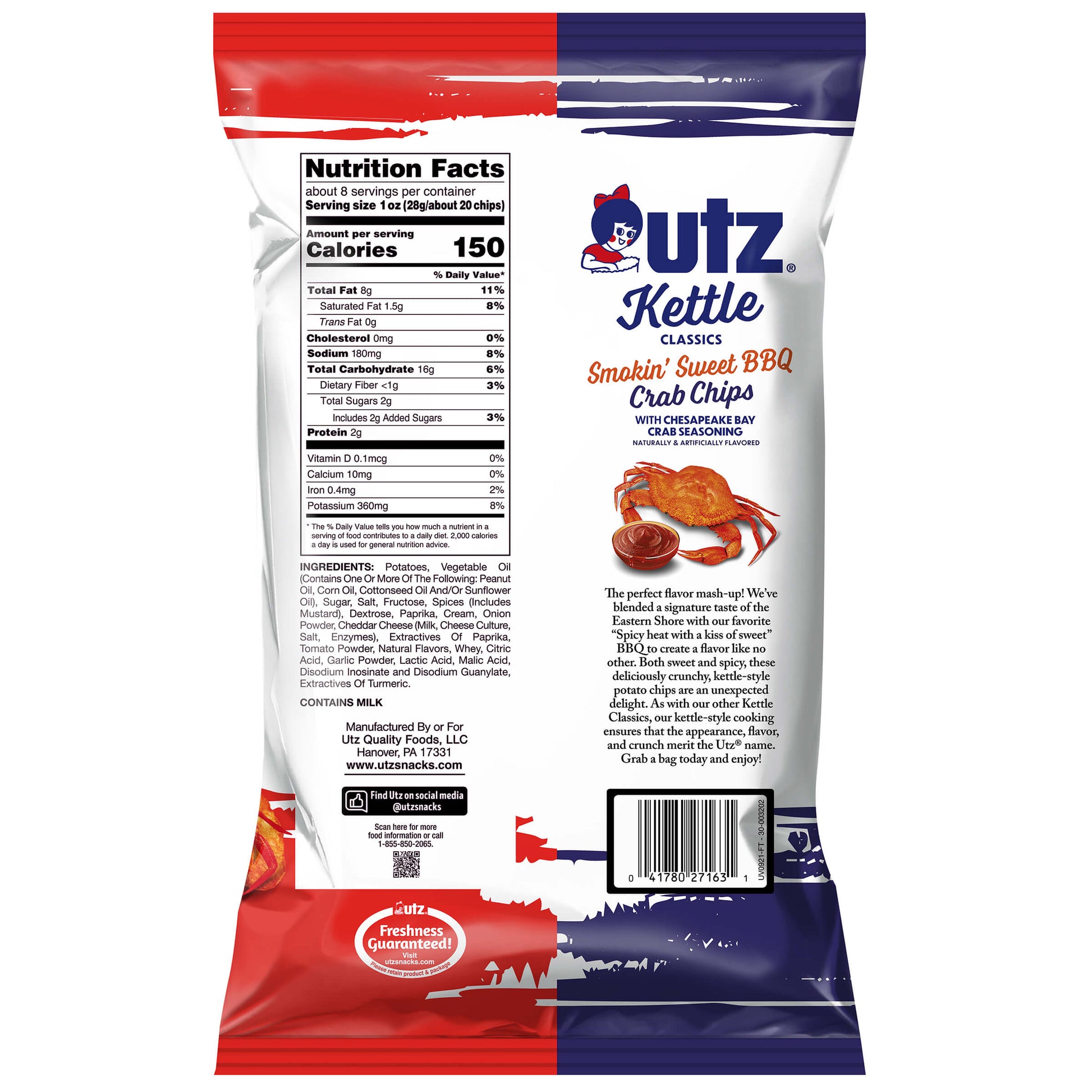 Outz Kettle Clam Co. Smokin' Sweet BBQ Crab Chips packaging with nutrition facts and ingredients list.