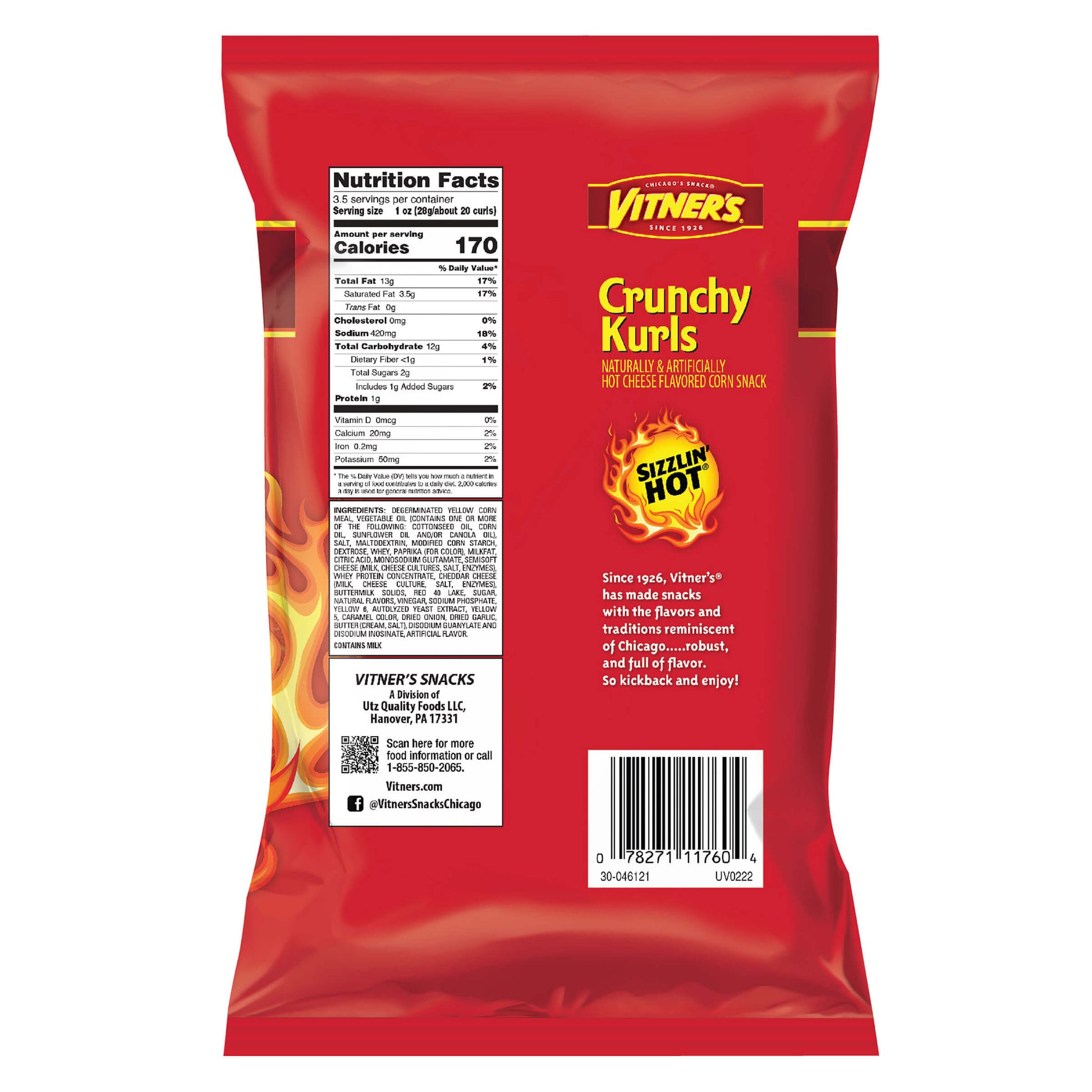 Red packaging of Vitner's Crunchy Kurls with nutritional information and branding on a white background