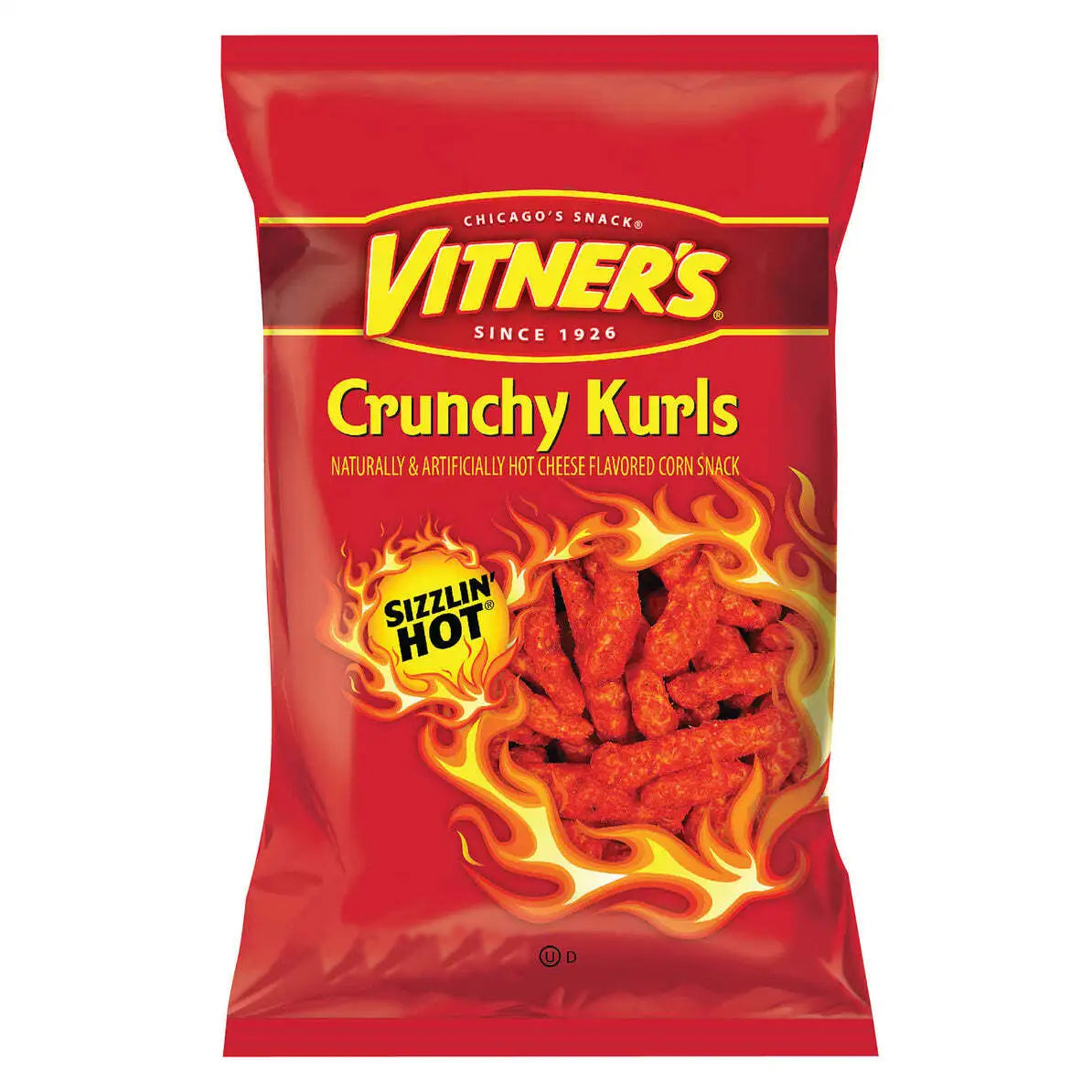 Vitner's Crunchy Kurls Sizzling Hot snack bag on a white background