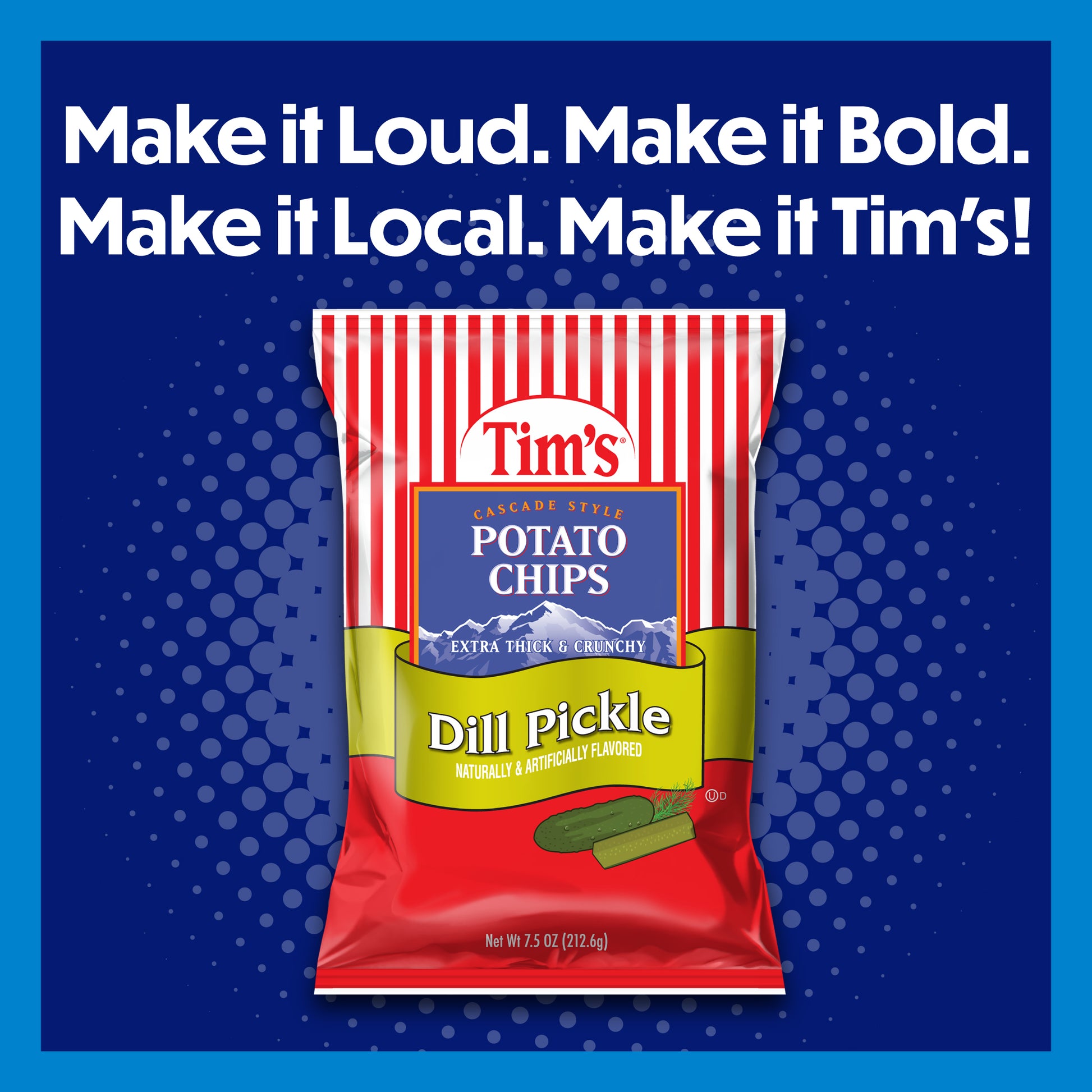 Tim's Dill Pickle potato chips packet on a blue background with promotional text.