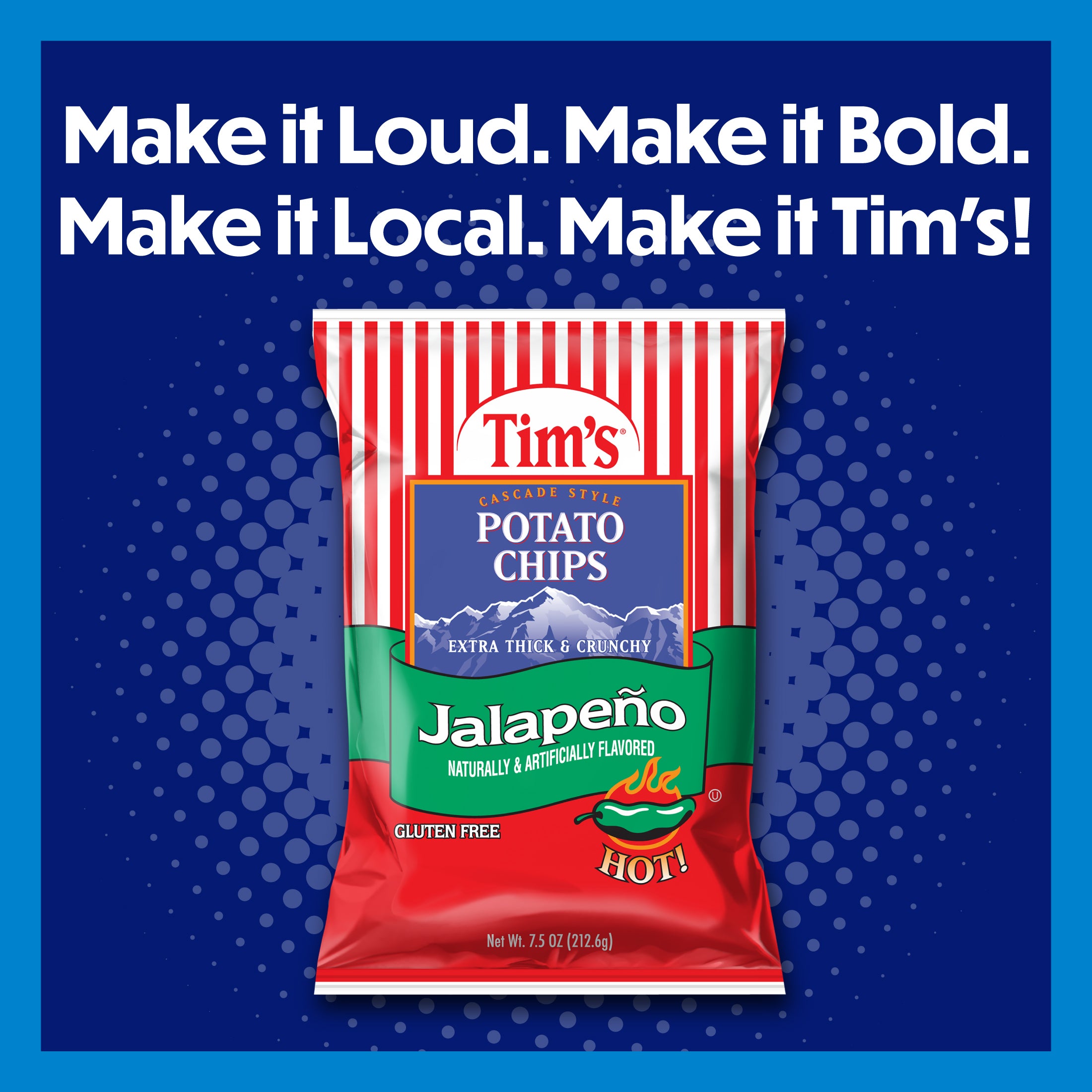 Tim's Jalapeno potato chips packaging with promotional text on a blue background