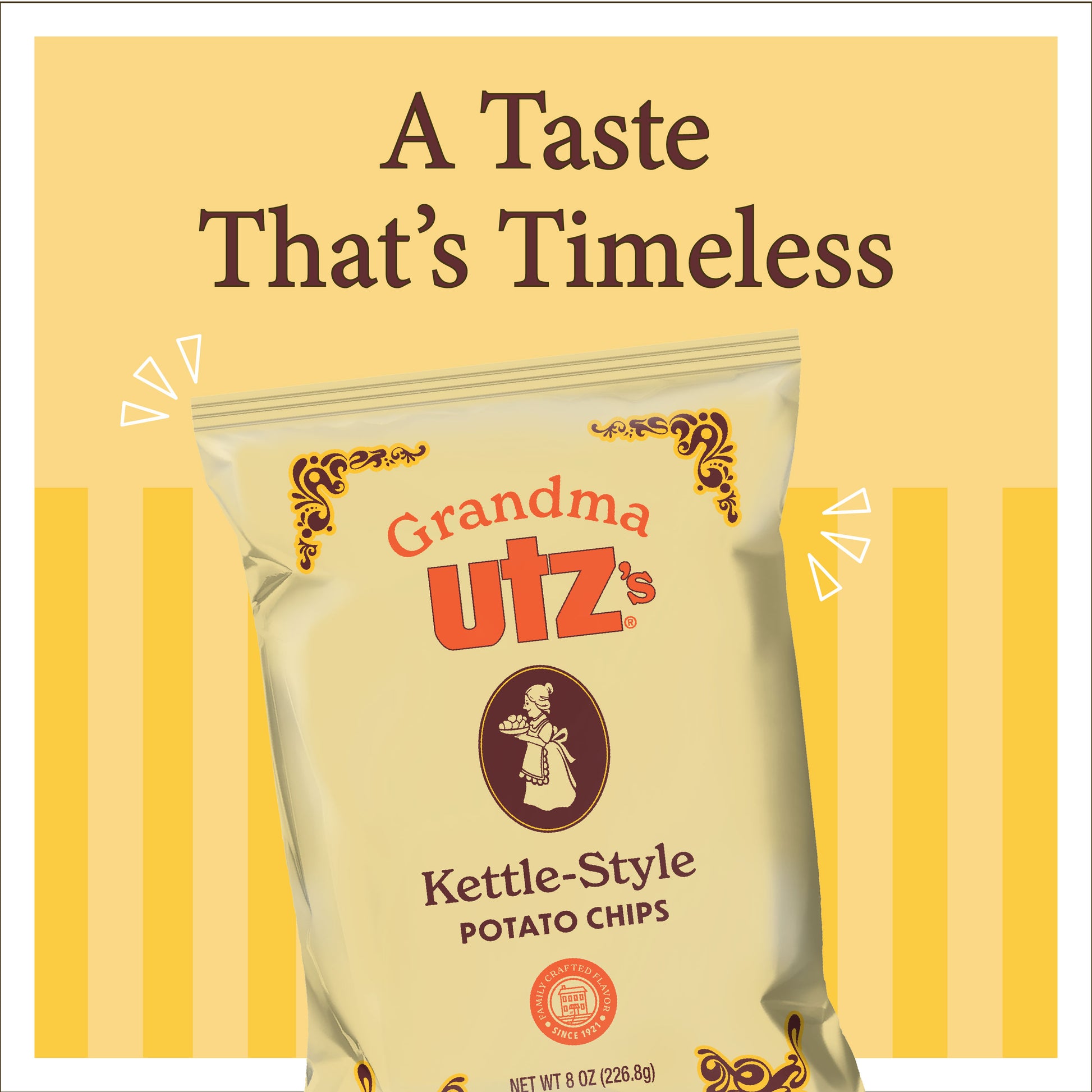 Grandma Utz’s Kettle-Style Potato Chips bag with “A Taste That’s Timeless” text on yellow background