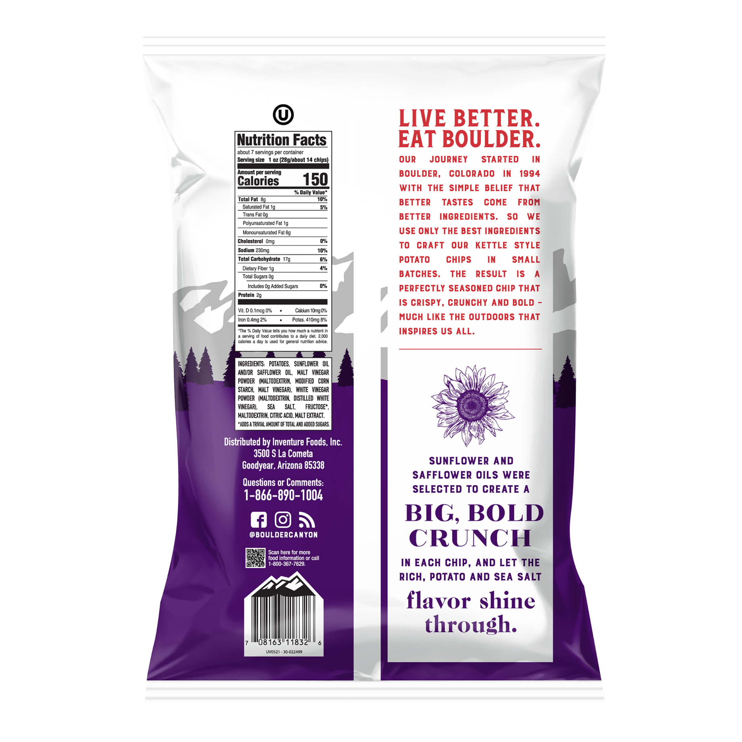 Back view of a Boulders potato chip bag with branding and nutritional information.