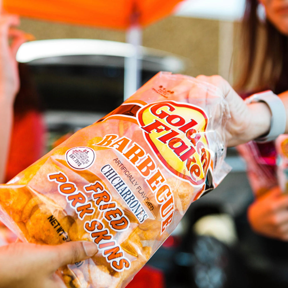 Packaged Gold Fish fried pork rinds with a blurred background